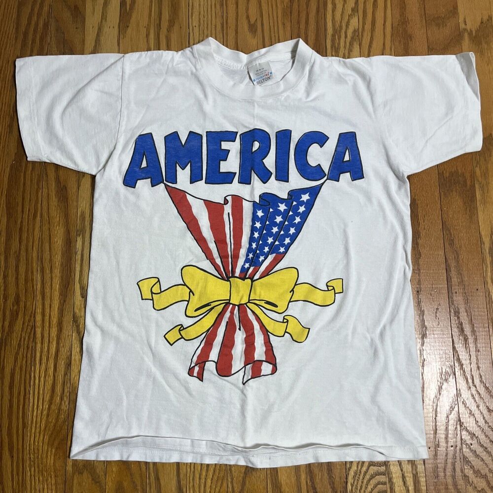 Vtg America Patriotic White T Shirt Size M Belton Tough Tee Made In USA